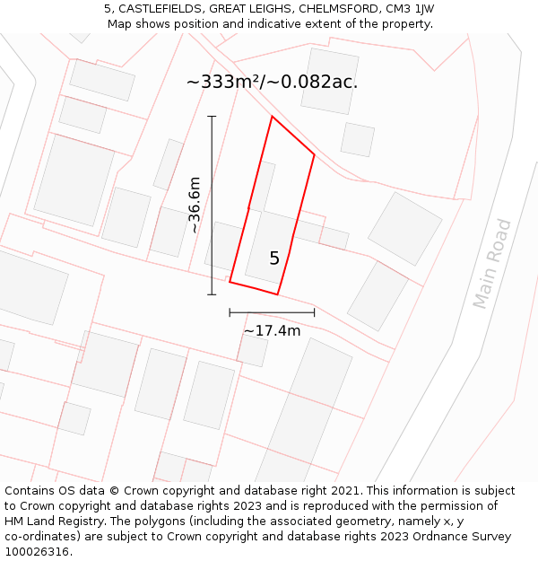 5, CASTLEFIELDS, GREAT LEIGHS, CHELMSFORD, CM3 1JW: Plot and title map