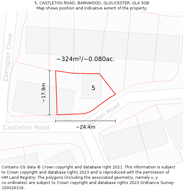 5, CASTLETON ROAD, BARNWOOD, GLOUCESTER, GL4 3GB: Plot and title map