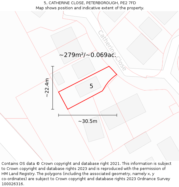 5, CATHERINE CLOSE, PETERBOROUGH, PE2 7FD: Plot and title map