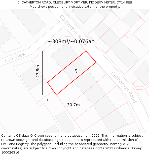 5, CATHERTON ROAD, CLEOBURY MORTIMER, KIDDERMINSTER, DY14 8EB: Plot and title map