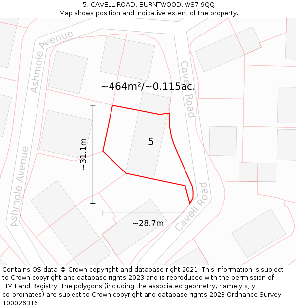 5, CAVELL ROAD, BURNTWOOD, WS7 9QQ: Plot and title map