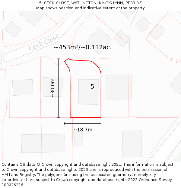5, CECIL CLOSE, WATLINGTON, KING'S LYNN, PE33 0JS: Plot and title map