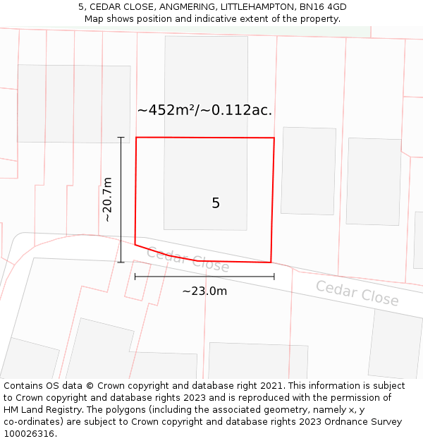 5, CEDAR CLOSE, ANGMERING, LITTLEHAMPTON, BN16 4GD: Plot and title map