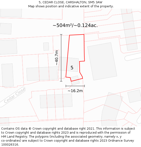 5, CEDAR CLOSE, CARSHALTON, SM5 3AW: Plot and title map