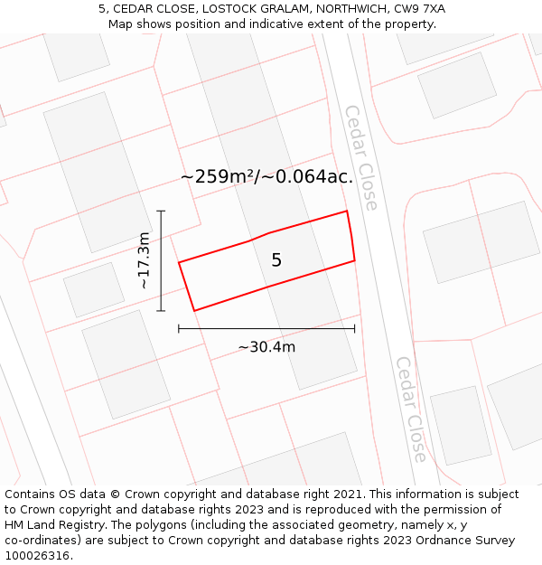 5, CEDAR CLOSE, LOSTOCK GRALAM, NORTHWICH, CW9 7XA: Plot and title map
