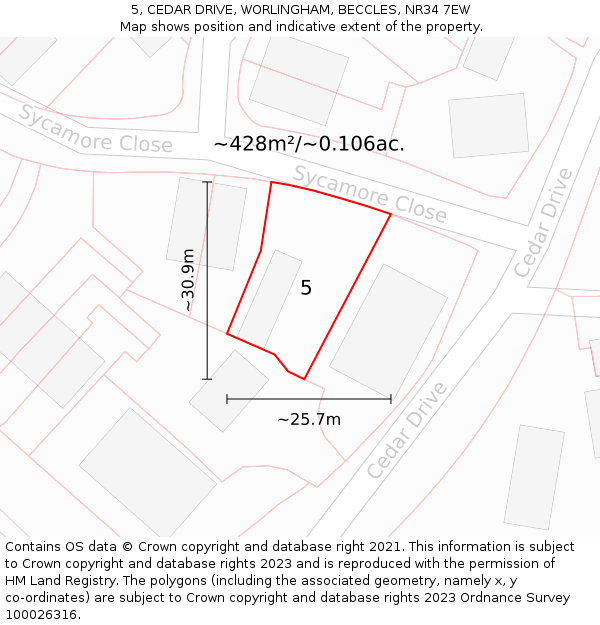 5, CEDAR DRIVE, WORLINGHAM, BECCLES, NR34 7EW: Plot and title map
