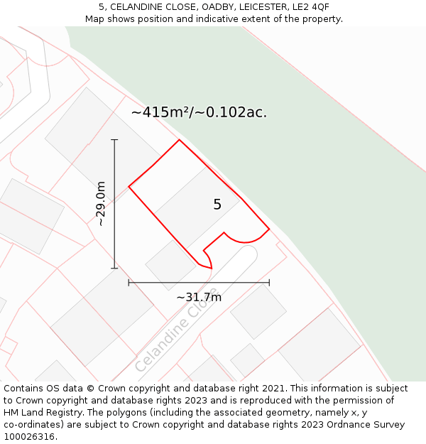 5, CELANDINE CLOSE, OADBY, LEICESTER, LE2 4QF: Plot and title map