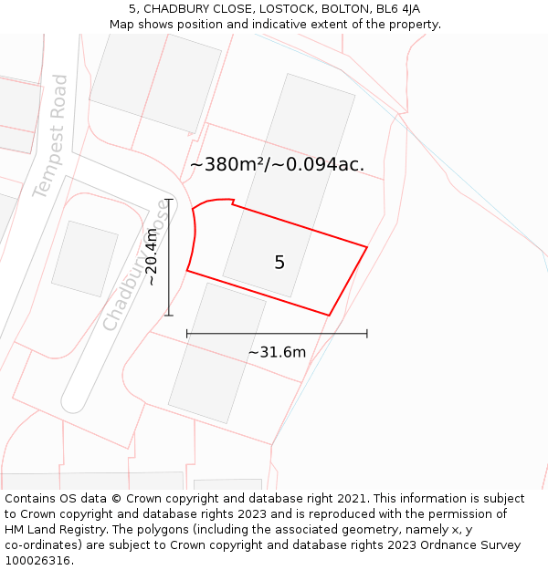 5, CHADBURY CLOSE, LOSTOCK, BOLTON, BL6 4JA: Plot and title map