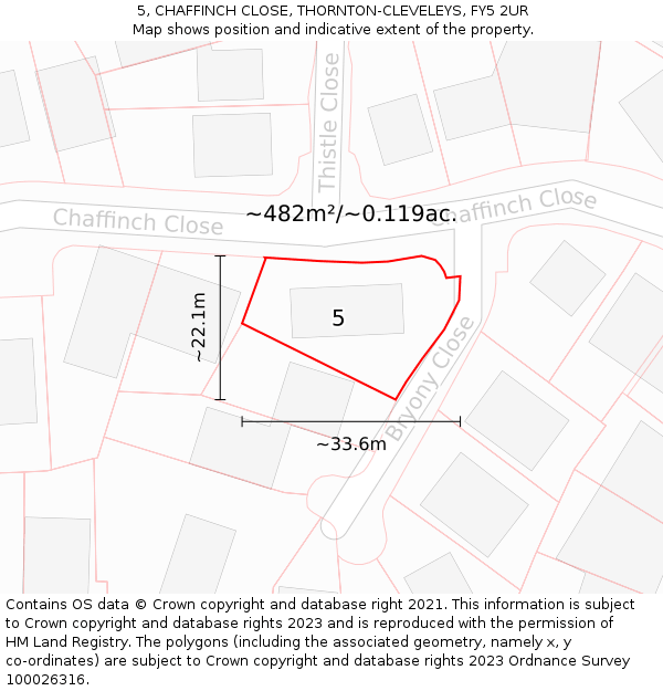 5, CHAFFINCH CLOSE, THORNTON-CLEVELEYS, FY5 2UR: Plot and title map