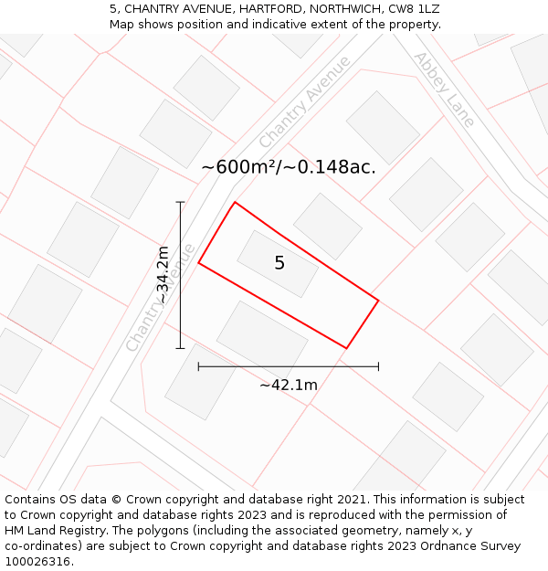 5, CHANTRY AVENUE, HARTFORD, NORTHWICH, CW8 1LZ: Plot and title map