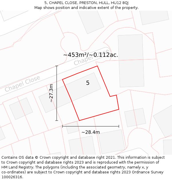 5, CHAPEL CLOSE, PRESTON, HULL, HU12 8QJ: Plot and title map