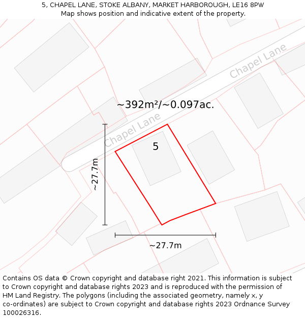 5, CHAPEL LANE, STOKE ALBANY, MARKET HARBOROUGH, LE16 8PW: Plot and title map