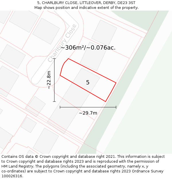 5, CHARLBURY CLOSE, LITTLEOVER, DERBY, DE23 3ST: Plot and title map