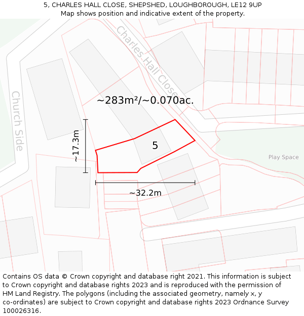 5, CHARLES HALL CLOSE, SHEPSHED, LOUGHBOROUGH, LE12 9UP: Plot and title map