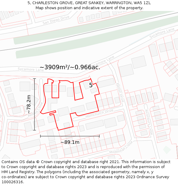 5, CHARLESTON GROVE, GREAT SANKEY, WARRINGTON, WA5 1ZL: Plot and title map