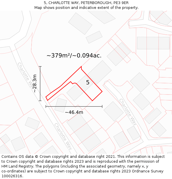 5, CHARLOTTE WAY, PETERBOROUGH, PE3 9ER: Plot and title map