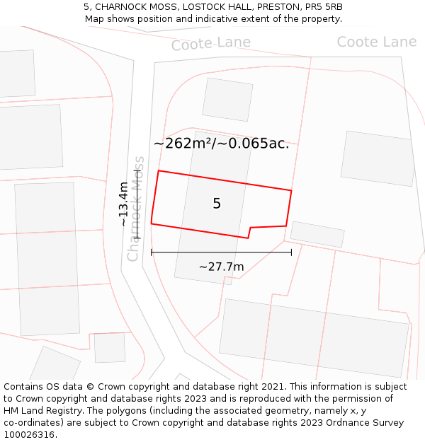5, CHARNOCK MOSS, LOSTOCK HALL, PRESTON, PR5 5RB: Plot and title map