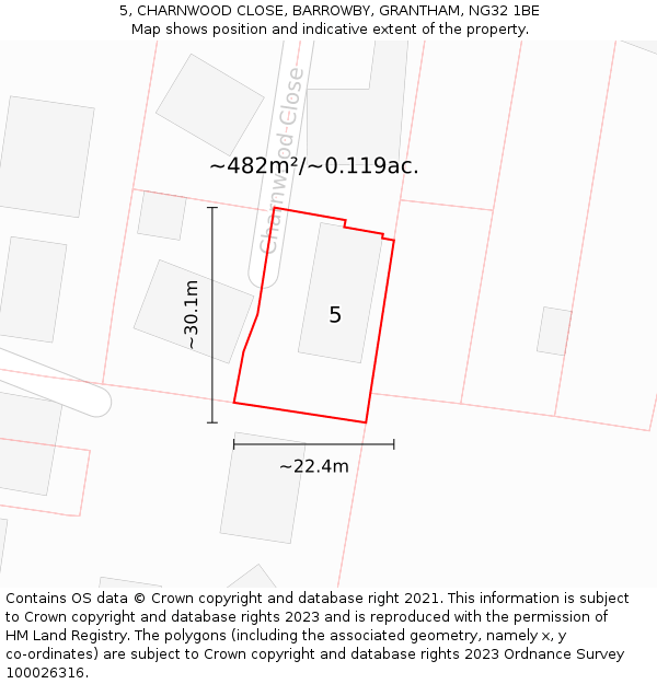 5, CHARNWOOD CLOSE, BARROWBY, GRANTHAM, NG32 1BE: Plot and title map