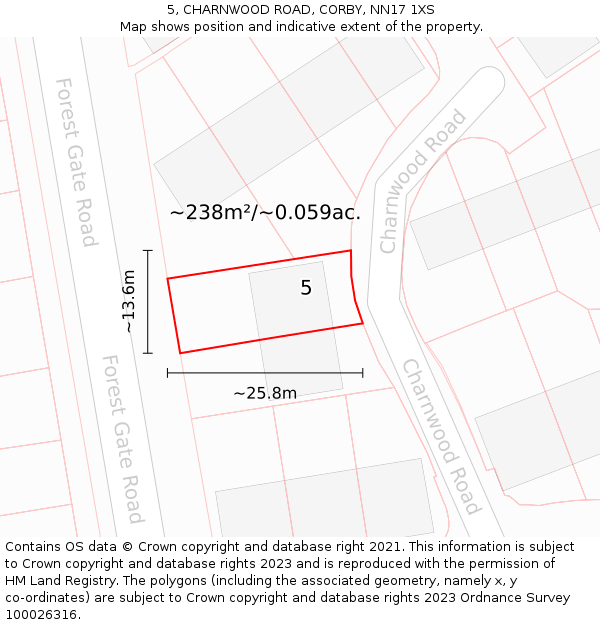 5, CHARNWOOD ROAD, CORBY, NN17 1XS: Plot and title map