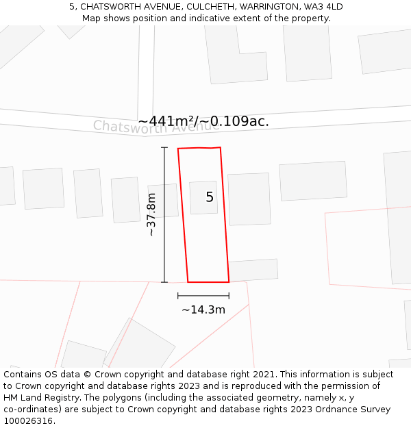 5, CHATSWORTH AVENUE, CULCHETH, WARRINGTON, WA3 4LD: Plot and title map