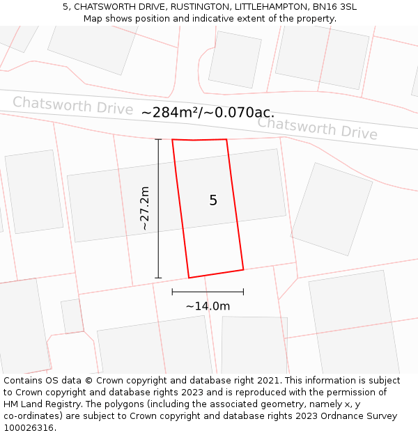 5, CHATSWORTH DRIVE, RUSTINGTON, LITTLEHAMPTON, BN16 3SL: Plot and title map