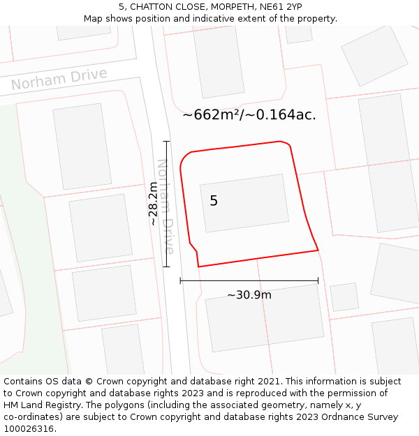 5, CHATTON CLOSE, MORPETH, NE61 2YP: Plot and title map