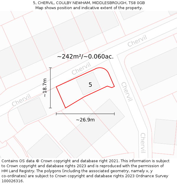 5, CHERVIL, COULBY NEWHAM, MIDDLESBROUGH, TS8 0GB: Plot and title map