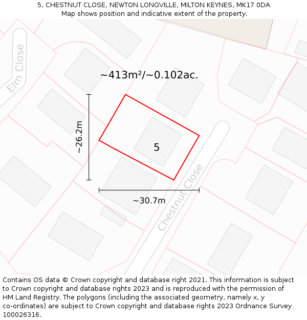 5, CHESTNUT CLOSE, NEWTON LONGVILLE, MILTON KEYNES, MK17 0DA: Plot and title map