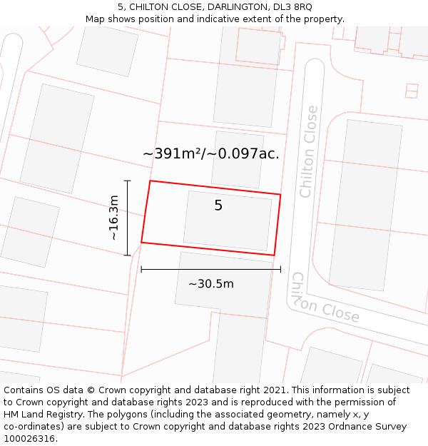 5, CHILTON CLOSE, DARLINGTON, DL3 8RQ: Plot and title map