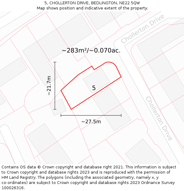 5, CHOLLERTON DRIVE, BEDLINGTON, NE22 5QW: Plot and title map