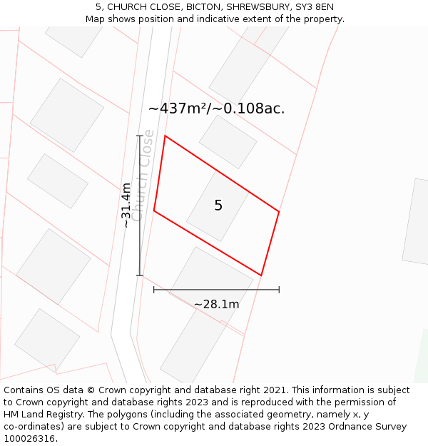 5, CHURCH CLOSE, BICTON, SHREWSBURY, SY3 8EN: Plot and title map