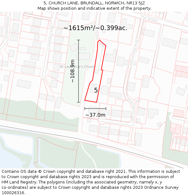 5, CHURCH LANE, BRUNDALL, NORWICH, NR13 5JZ: Plot and title map