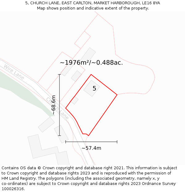 5, CHURCH LANE, EAST CARLTON, MARKET HARBOROUGH, LE16 8YA: Plot and title map
