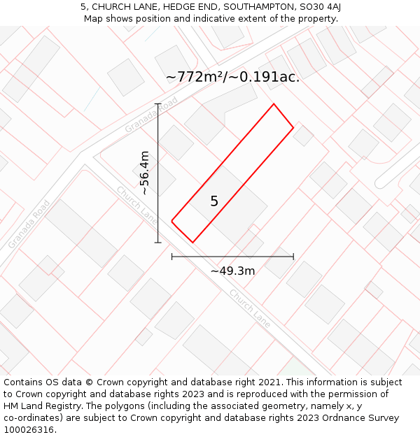 5, CHURCH LANE, HEDGE END, SOUTHAMPTON, SO30 4AJ: Plot and title map