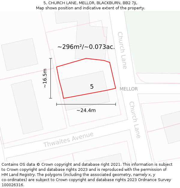 5, CHURCH LANE, MELLOR, BLACKBURN, BB2 7JL: Plot and title map