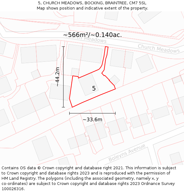 5, CHURCH MEADOWS, BOCKING, BRAINTREE, CM7 5SL: Plot and title map