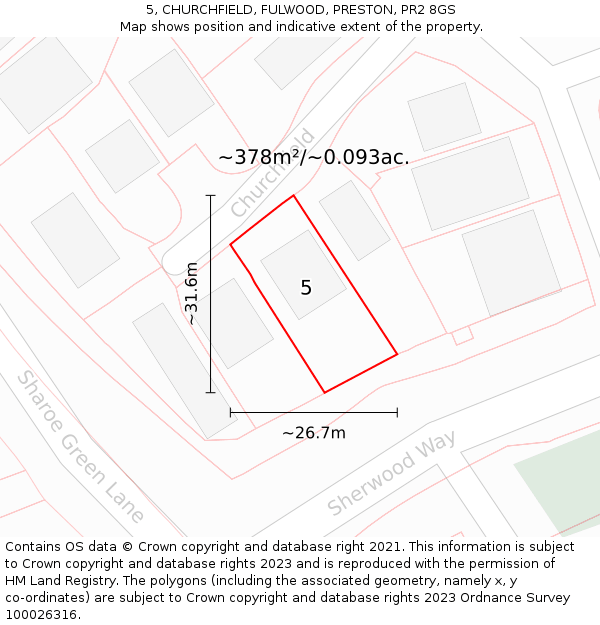 5, CHURCHFIELD, FULWOOD, PRESTON, PR2 8GS: Plot and title map