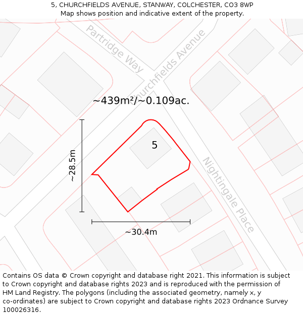 5, CHURCHFIELDS AVENUE, STANWAY, COLCHESTER, CO3 8WP: Plot and title map