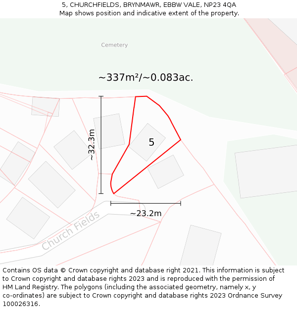 5, CHURCHFIELDS, BRYNMAWR, EBBW VALE, NP23 4QA: Plot and title map