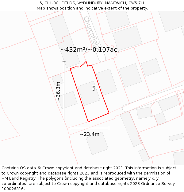 5, CHURCHFIELDS, WYBUNBURY, NANTWICH, CW5 7LL: Plot and title map