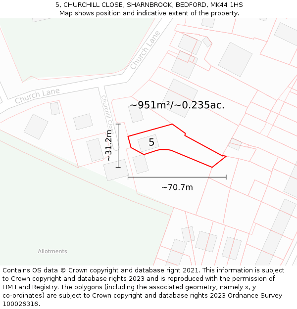 5, CHURCHILL CLOSE, SHARNBROOK, BEDFORD, MK44 1HS: Plot and title map