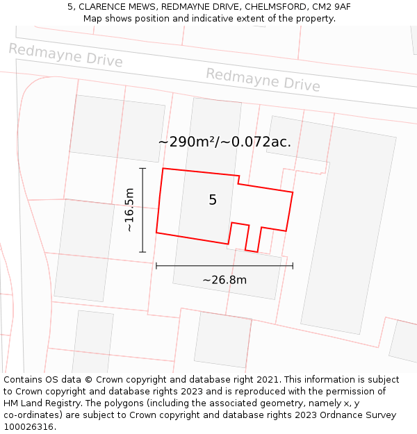 5, CLARENCE MEWS, REDMAYNE DRIVE, CHELMSFORD, CM2 9AF: Plot and title map