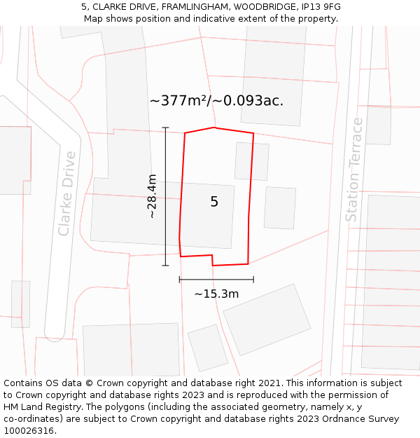 5, CLARKE DRIVE, FRAMLINGHAM, WOODBRIDGE, IP13 9FG: Plot and title map