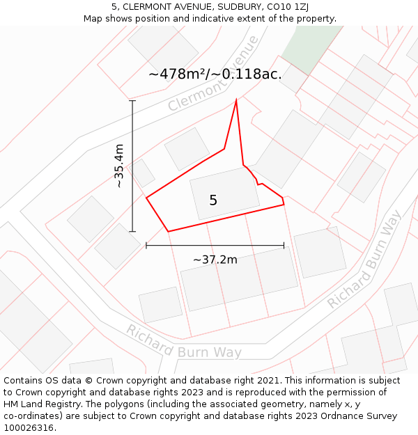 5, CLERMONT AVENUE, SUDBURY, CO10 1ZJ: Plot and title map