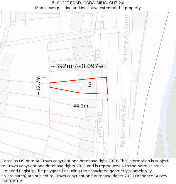 5, CLIFFE ROAD, GODALMING, GU7 2JX: Plot and title map