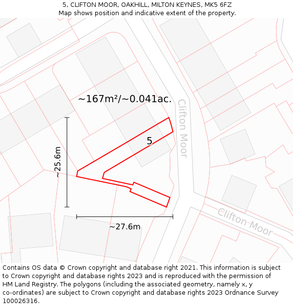 5, CLIFTON MOOR, OAKHILL, MILTON KEYNES, MK5 6FZ: Plot and title map