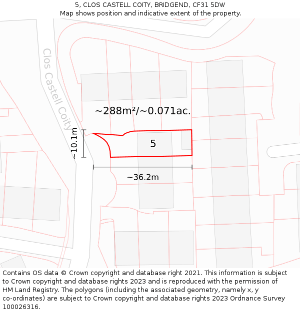 5, CLOS CASTELL COITY, BRIDGEND, CF31 5DW: Plot and title map