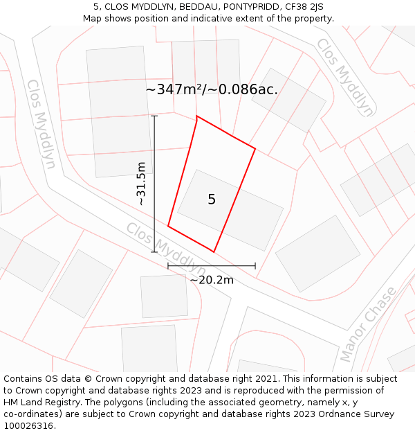 5, CLOS MYDDLYN, BEDDAU, PONTYPRIDD, CF38 2JS: Plot and title map
