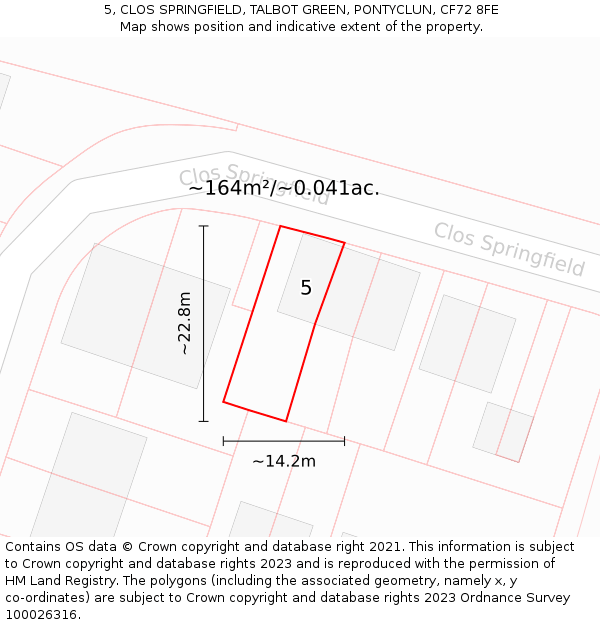 5, CLOS SPRINGFIELD, TALBOT GREEN, PONTYCLUN, CF72 8FE: Plot and title map