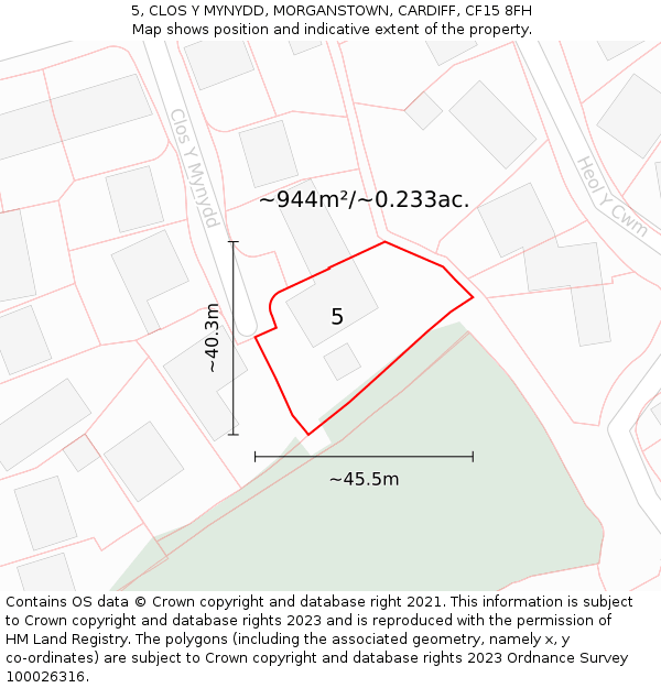 5, CLOS Y MYNYDD, MORGANSTOWN, CARDIFF, CF15 8FH: Plot and title map